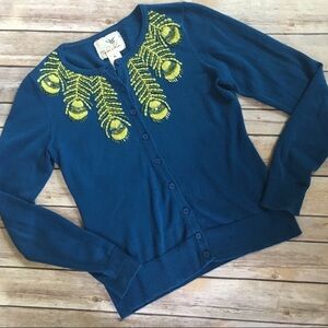 Anthropologie Teal Cardigan with Lime Embroidery
